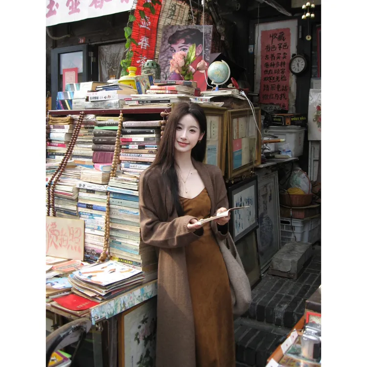 MARIE.COCO韩系美拉德女神范穿搭吊带连衣裙外搭毛衣外套秋季套装