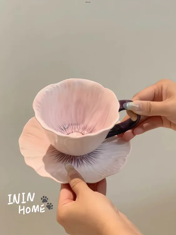 ININHOME 花朵陶瓷咖啡杯设计感小众创意拿铁杯高颜值咖啡杯碟YM