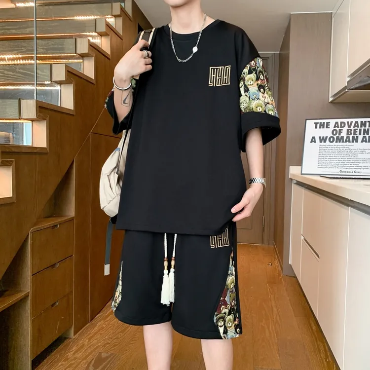 新中式套装男宽松薄款短袖短裤两件套国风夏季大码t恤休闲运动服