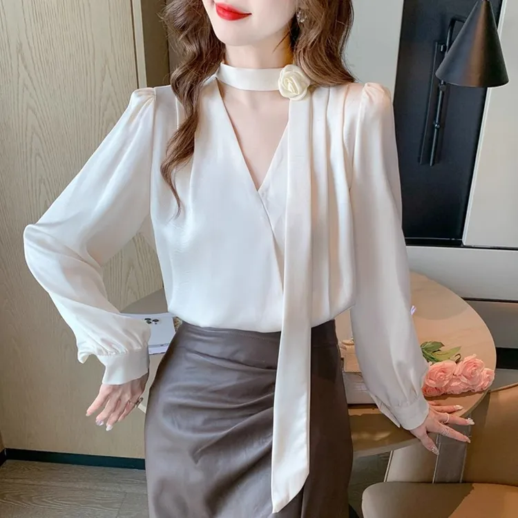 立体玫瑰花飘带衬衫女士高端大气上档次V领上衣超好看小衫秋法式