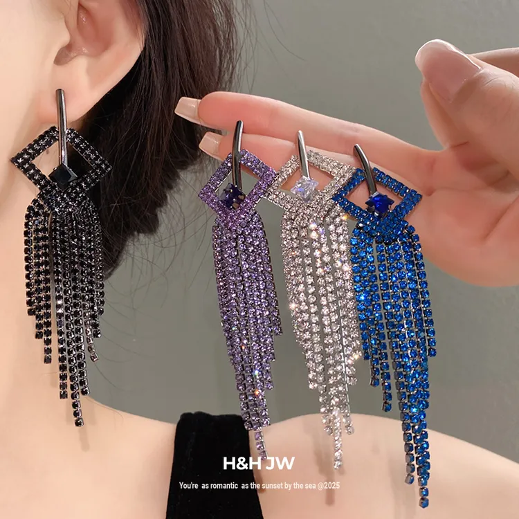 铜合金锆石耳饰 银针镶菱形镂空流苏耳环轻奢高级感耳坠时尚小众