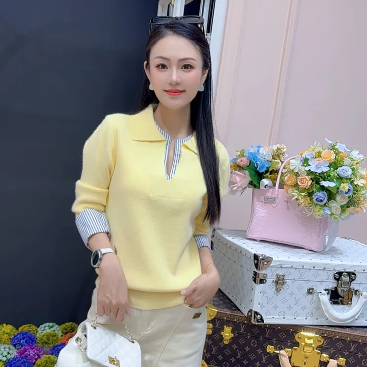 【芳芳私服】韩系假两件撞色拼接条纹针织衫女百搭显瘦气质毛衣9335