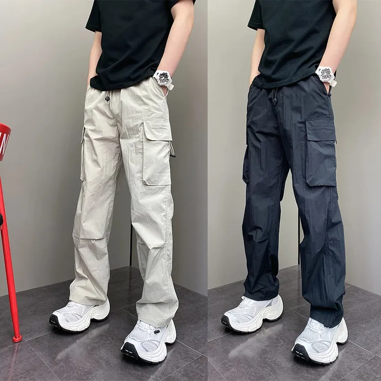 夏季薄款宽松哈伦直筒多口袋工装长裤男士痞帅休闲ins青年阔腿裤
