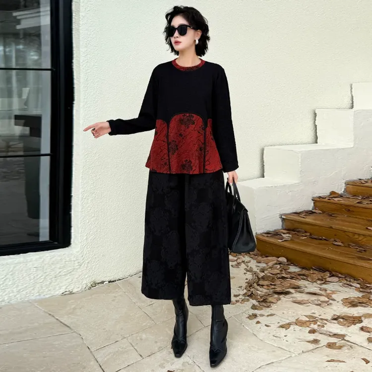 90170秋原创大码气质减龄色织棉上衣阔腿裤宽松显瘦减龄两件套装