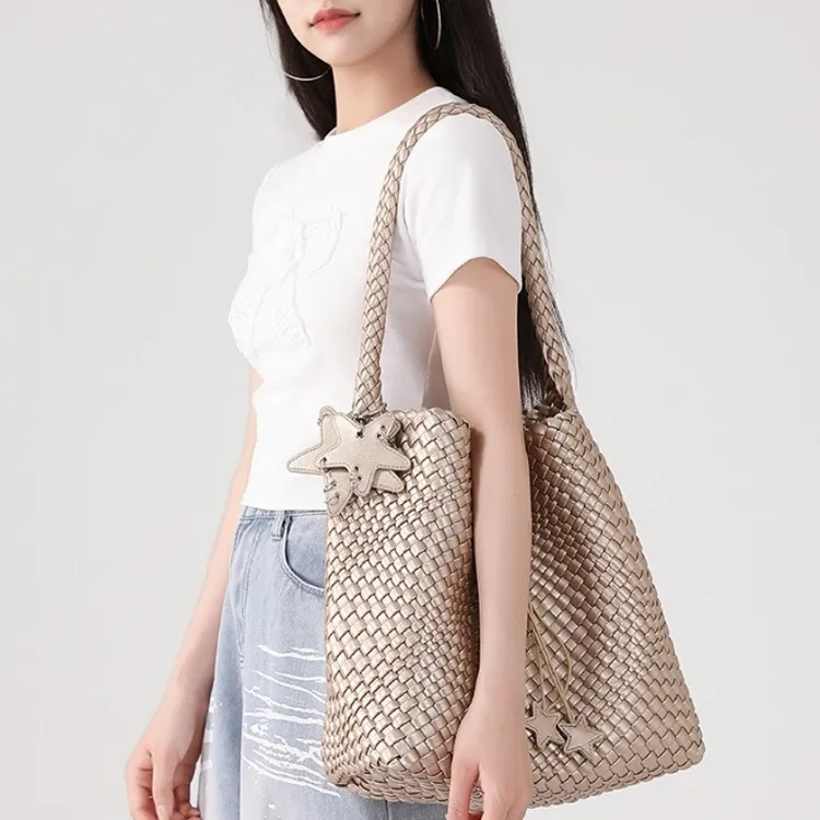 枪枪同款手工编织包原创香槟色编织托特包女大容量通勤手提单肩包