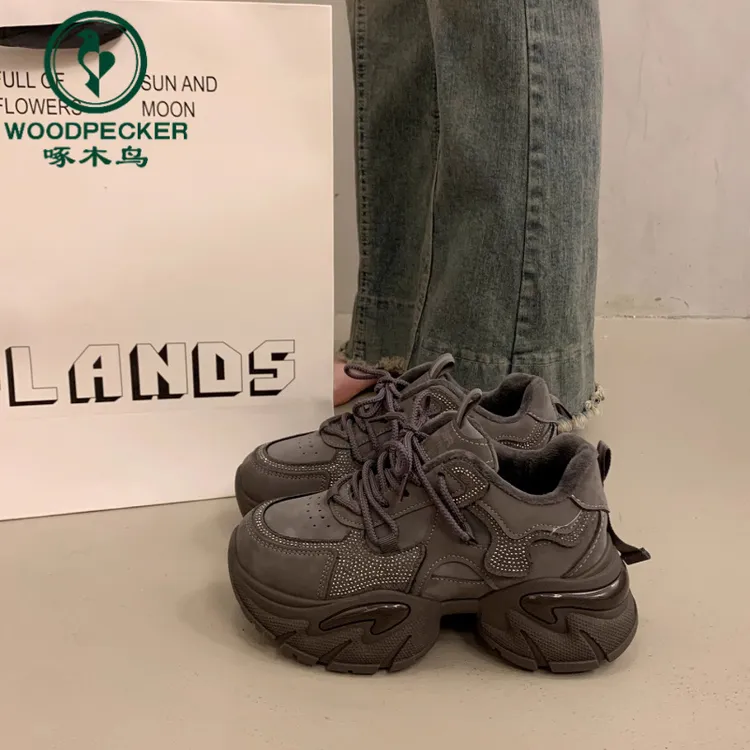 啄木鸟欧货加绒厚底老爹鞋女小个子增高2025秋冬季新款运动休闲鞋