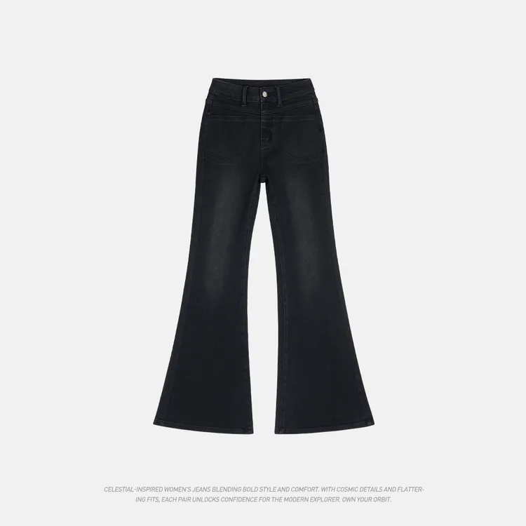 2025秋季新款黑灰色高腰微喇牛仔裤女修身显瘦时尚有弹力喇叭长裤