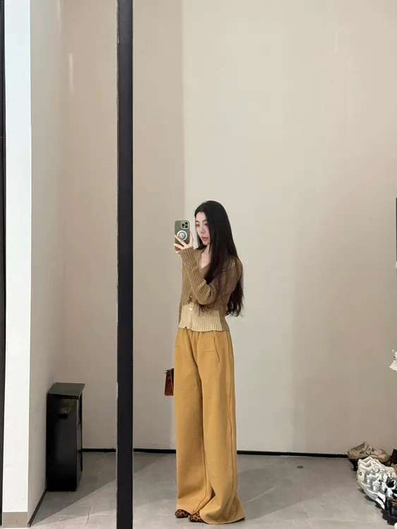 韩系简约假两件针织衫上衣显瘦打底衫高级感长裤香蕉裤两件套装