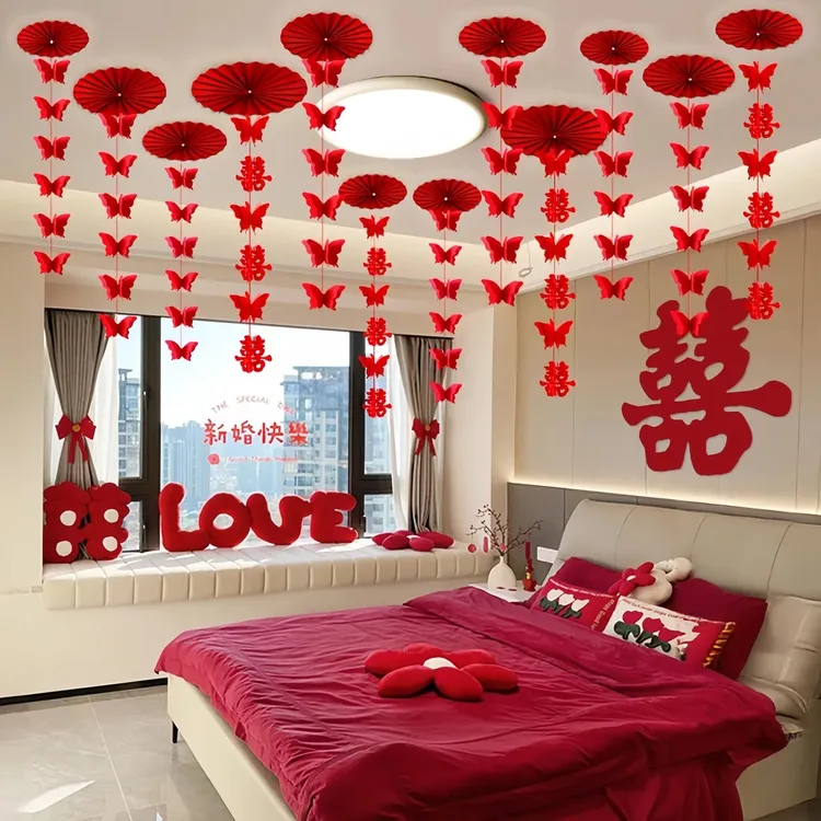 结婚装饰男女方高级感客厅卧室吊顶拉花喜字贴结婚订婚宴现场布置