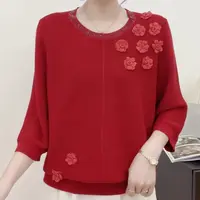 秋款立体玫瑰针织八分袖上衣