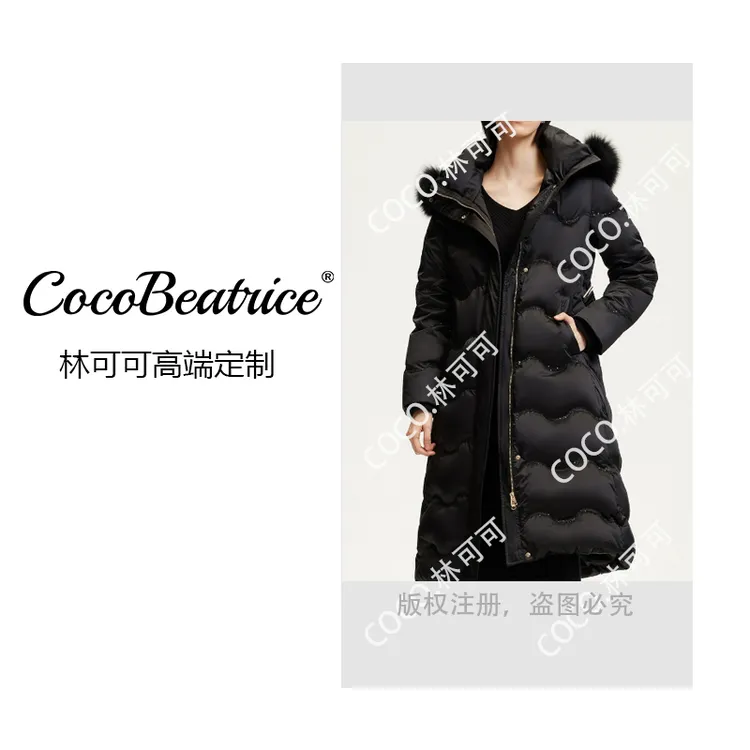 【CoCo林可可】羽绒服女千金风中长款拉链高充绒黑色刺绣保暖连帽