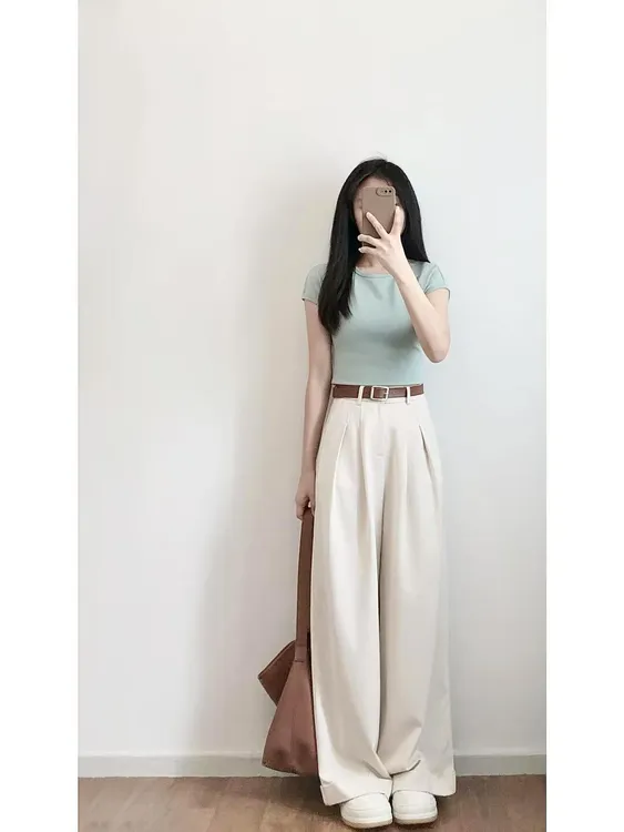 【青森苹果】时尚气质韩系青绿色无袖针织上衣高腰杏色西装阔腿裤