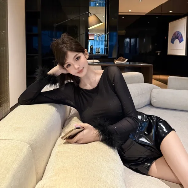 FAY【流星碎片】纯色拼接可拆卸毛毛打底衫闪闪亮片女长袖上衣