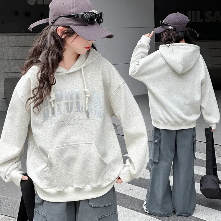 女童秋季连帽卫衣2025新款初中生女孩春秋装韩版洋气百搭宽松上衣