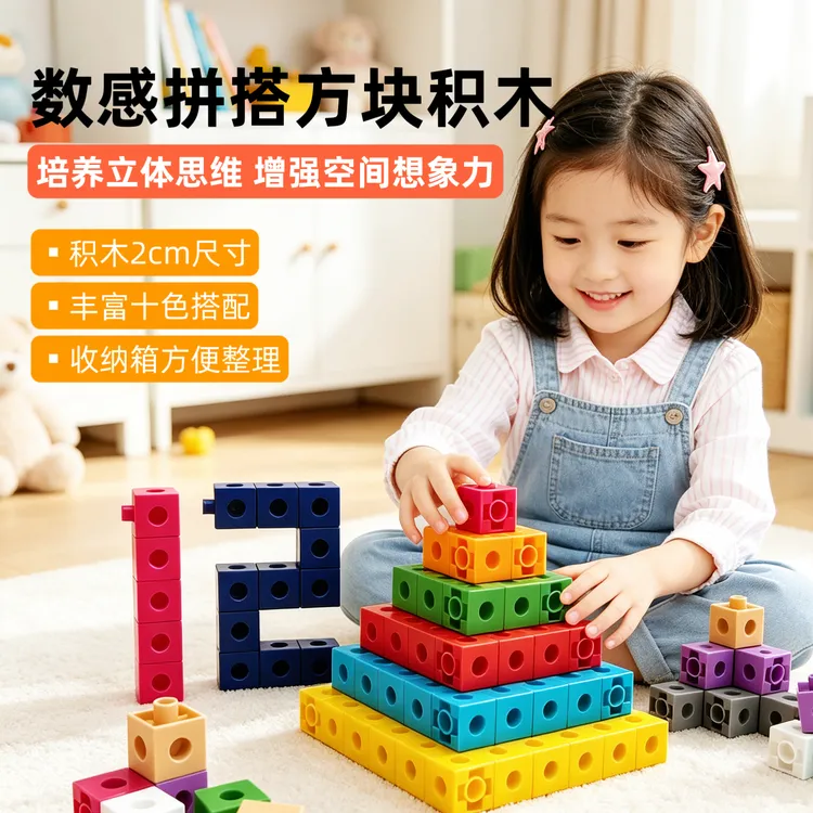 圆孔版拼插方块数字数感积木数字方块数学教具认知数字0-100拼搭商品图