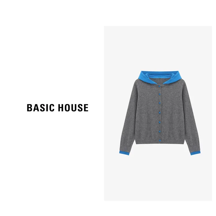 Basic House/百家好秋季新款时尚休闲撞色连帽针织衫-B0625B5NHR2