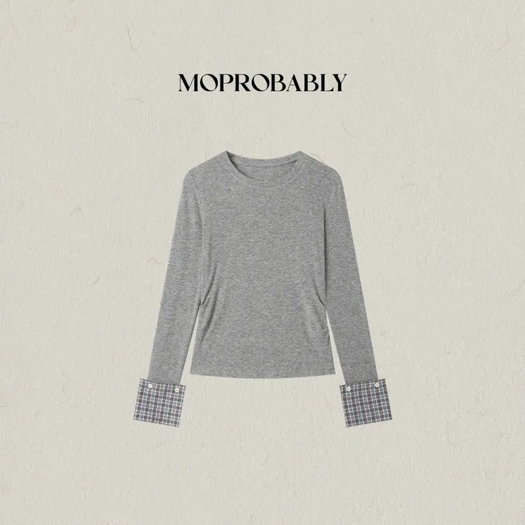 Moprobably李予诺「阁著」莱赛尔绵羊毛假两件格子长袖打底L5447014