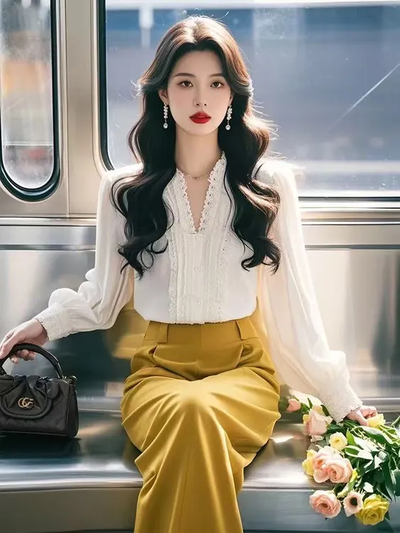 SS897清冷松弛感春一整套高级感白色蕾丝v领长袖衬衫时尚套装裤