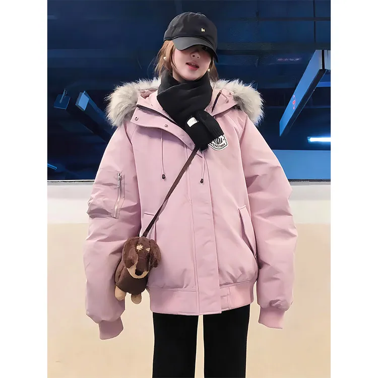 粉红色毛领派克棉服男女款冬季加厚保暖连帽棉衣外套美式工装棉袄
