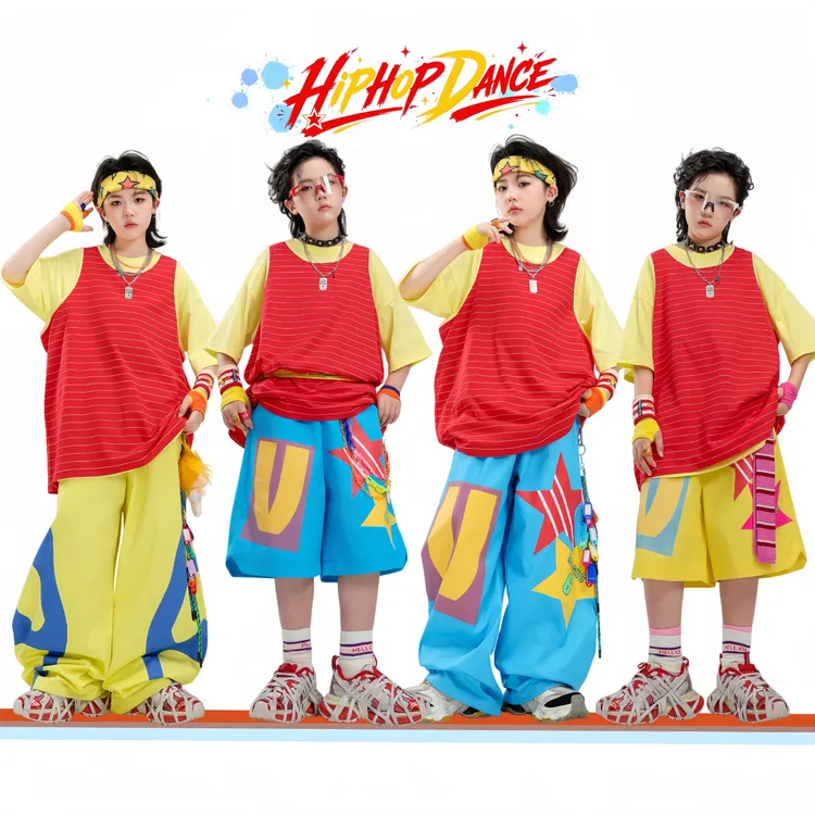 少儿街舞服装嘻哈儿童潮服红黄宽松背心舞蹈服套装夏天男孩演出服