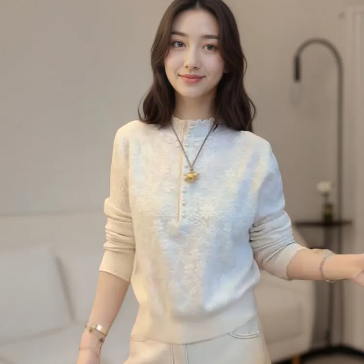 新款立领袖口镂空纽扣高级气质毛针织上衣LK2507957