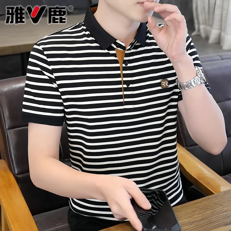 V/雅鹿短袖T恤男士条纹POLO衫夏季透气时尚修身休闲百搭薄款上衣