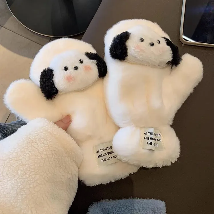 可爱小女生毛绒手套女冬季小狗保暖加绒连指学生防寒手套情侣手套