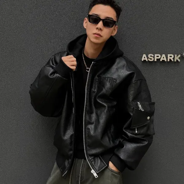 冬季现货高街奢感立体压印PU皮廓形90白鸭绒夹克机能风臂袋宽松