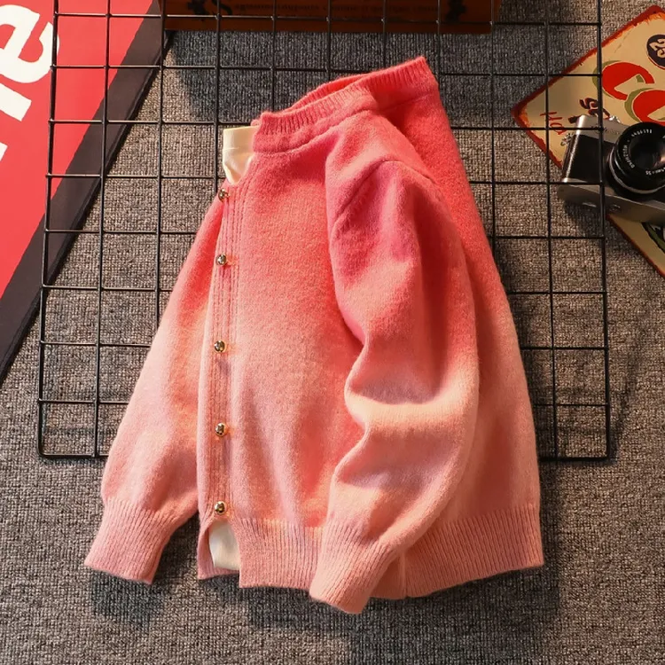 女童粉色针织衫时尚假两件女孩衣服中大童甜美春秋装儿童薄款毛衣