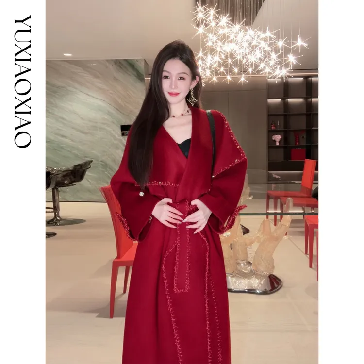 余潇潇【幸运女神】高级质感明线亮丝边100绵羊毛大翻领长款大衣