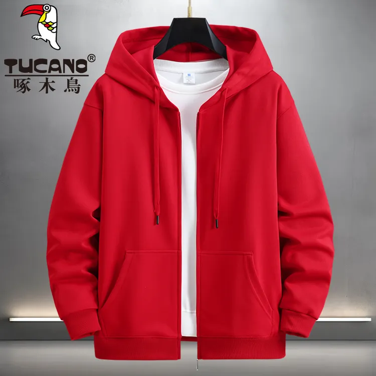 啄木鳥大红色拉链连帽卫衣开衫款秋冬季休闲男士运动加绒保暖加厚