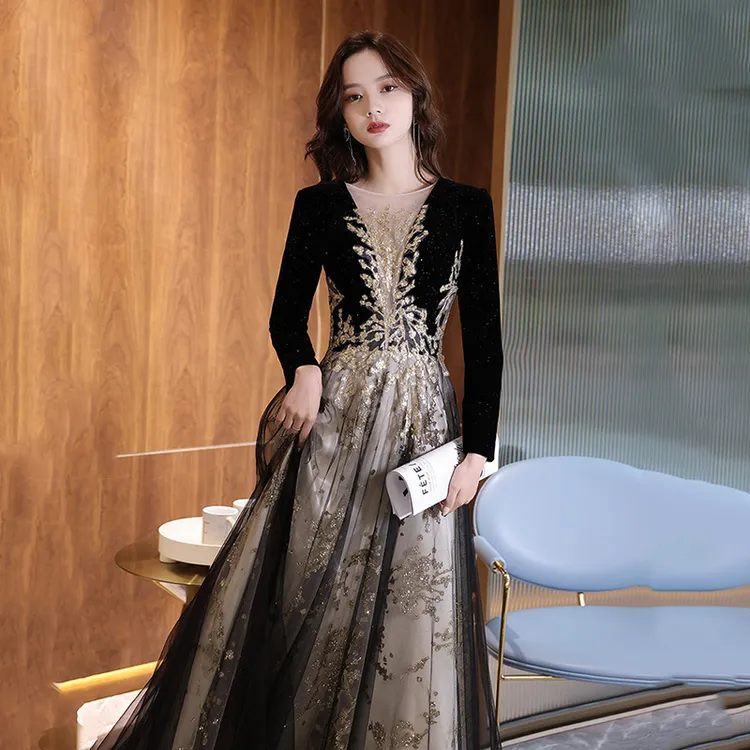 年会晚礼服女2025新款黑色深V领长袖长款修身名媛主持人宴会礼服