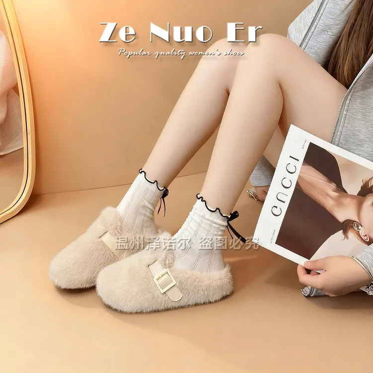 2025新款白色法式毛毛鞋女秋冬款时尚加绒加厚保暖一脚蹬软底拖鞋