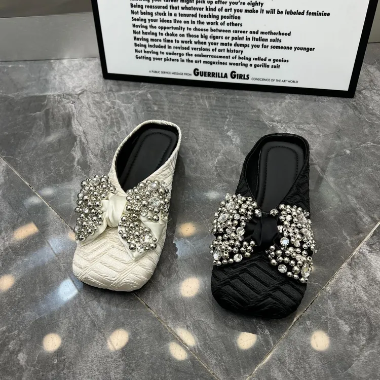 欧美风2025春季新款水钻蝴蝶结方头包头半拖鞋一脚蹬单鞋H7016