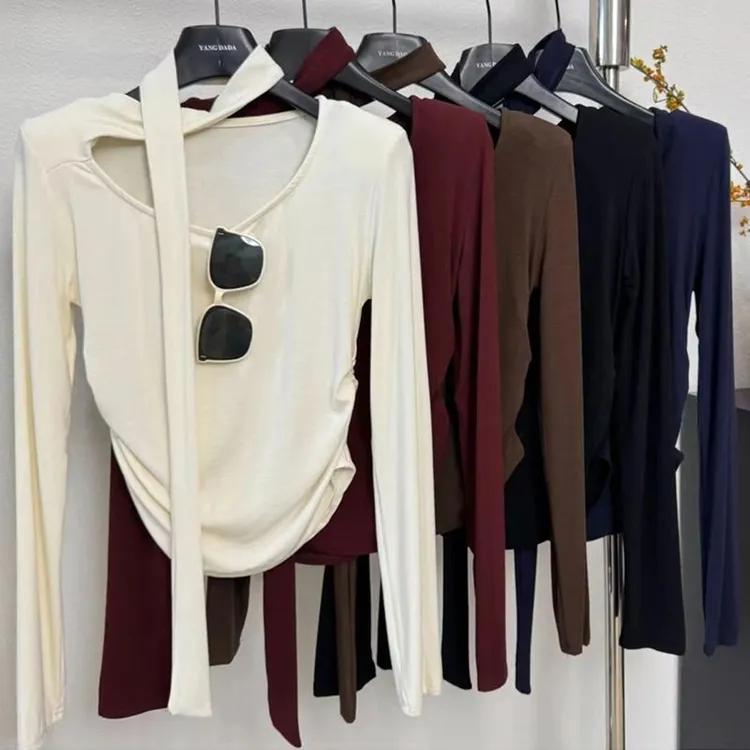 挂脖飘带长袖修身T恤女秋韩系纯欲高级感chic别致百搭显瘦上衣女