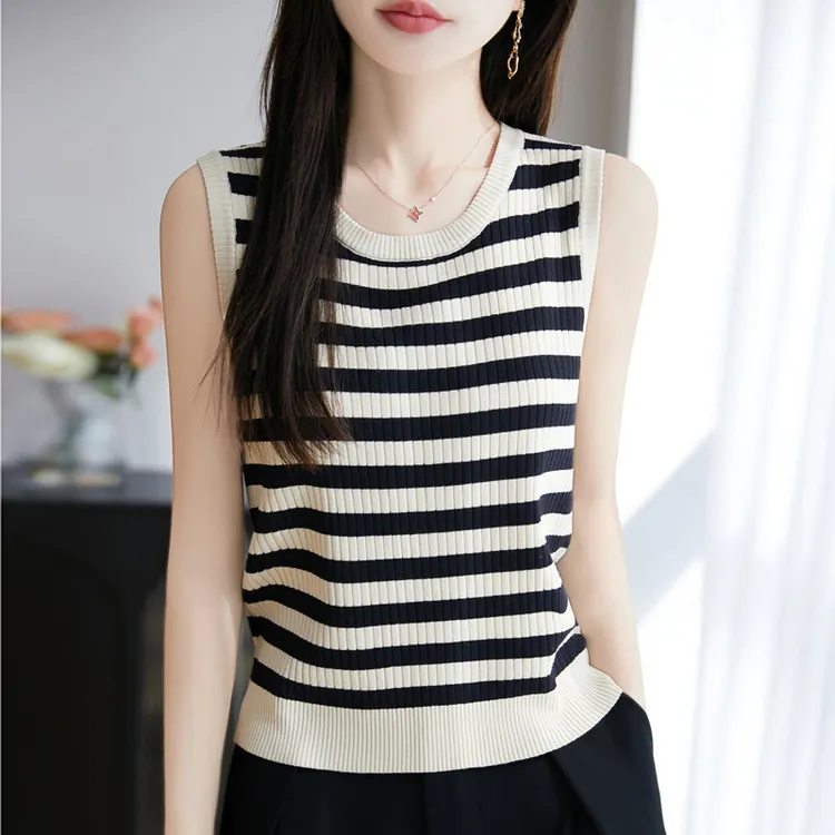 【厂家直供】黑白条纹圆领大码无袖上衣背心T恤内搭打底针织衫女秋