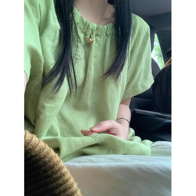 chao级推荐！好显白啊~鲜竹绿天丝亚麻半松紧领口短袖宽松衬衫女