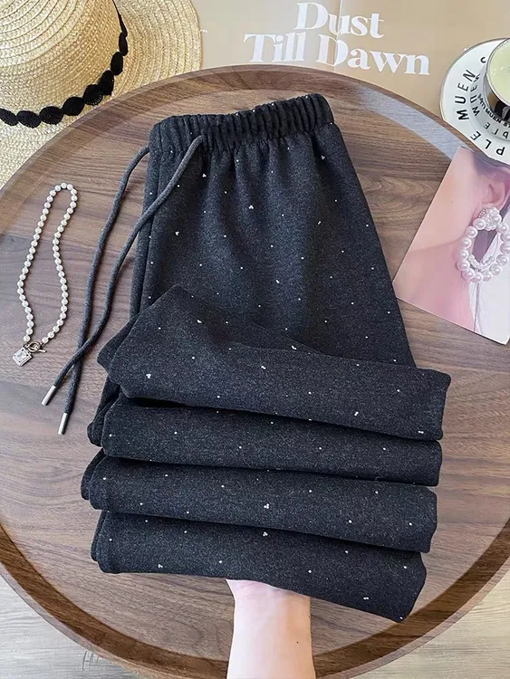 2025新款烫钻加绒阔腿裤女冬抽绳松紧高腰宽松显瘦休闲垂感直筒裤