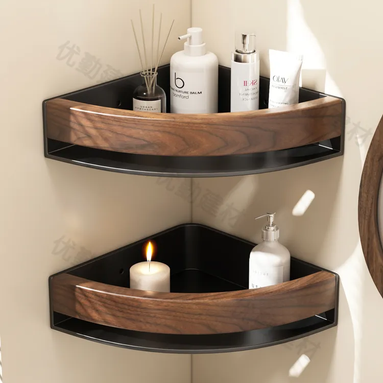 胡桃木卫生间三角置物架厕所洗手洗漱台浴室架子免打孔墙上收纳架