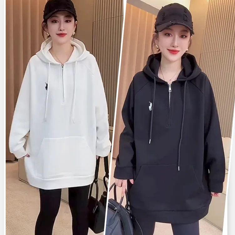 小众中长款卫衣刺绣小马连帽半拉链设计上衣洋气长袖百搭女士上衣