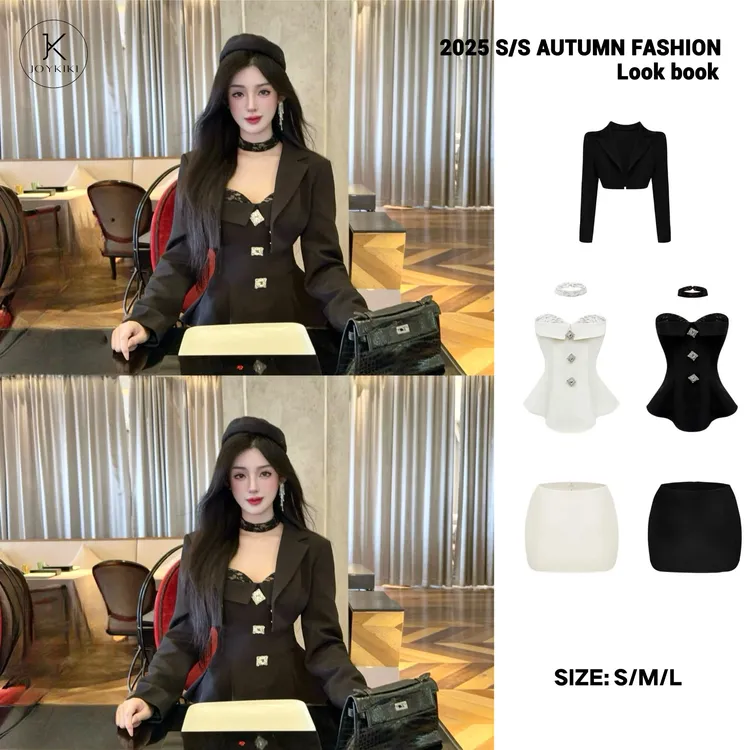 JOYKIKI金金【绮丽香风】秋季气质百搭方钻设计修身上衣套装J25C362