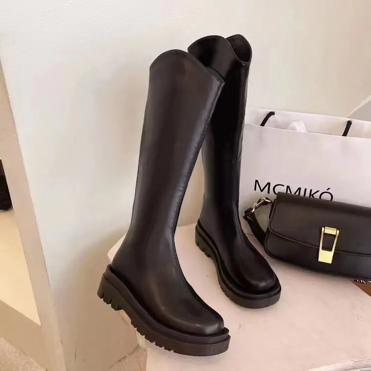 长筒靴女秋冬季厚底V口骑士靴显瘦高筒靴粗腿胖mm大筒围加绒长靴