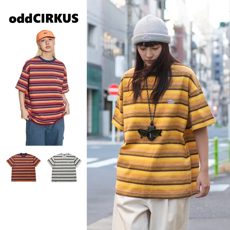 oddCIRKUS 日系街头姜黄色条纹短袖圆领T恤男女同款新款落日余晖