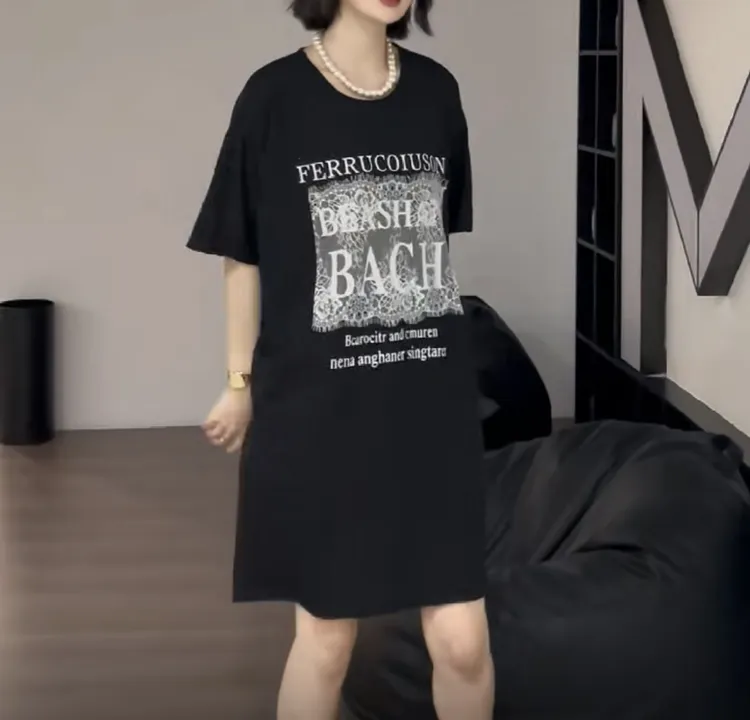 2025连衣裙宽松夏季短袖时尚印花设计师潮流轻职风T恤裙