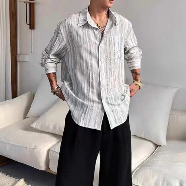 美式复古轻薄肌理感纹理通勤长袖衬衫男宽松条纹衬衣