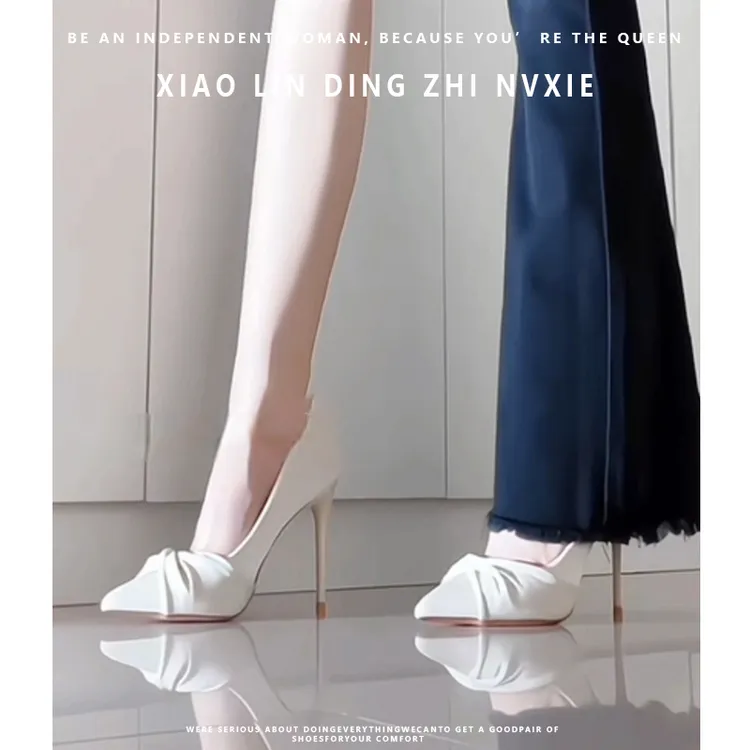 米白色法式高级感高跟鞋女新款气质设计感褶皱配礼服细跟不累脚鞋