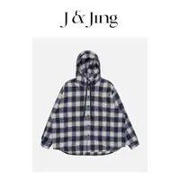 J&Jing-「热巴格子斗篷」-秋季保暖男女同款连帽蓝色格子外套284