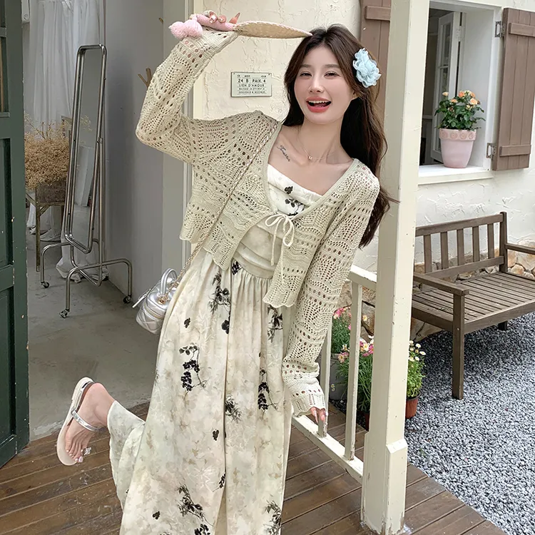 法式茶歇轻国风晕染碎花吊带连衣裙女夏披肩套装裙两件套温柔风