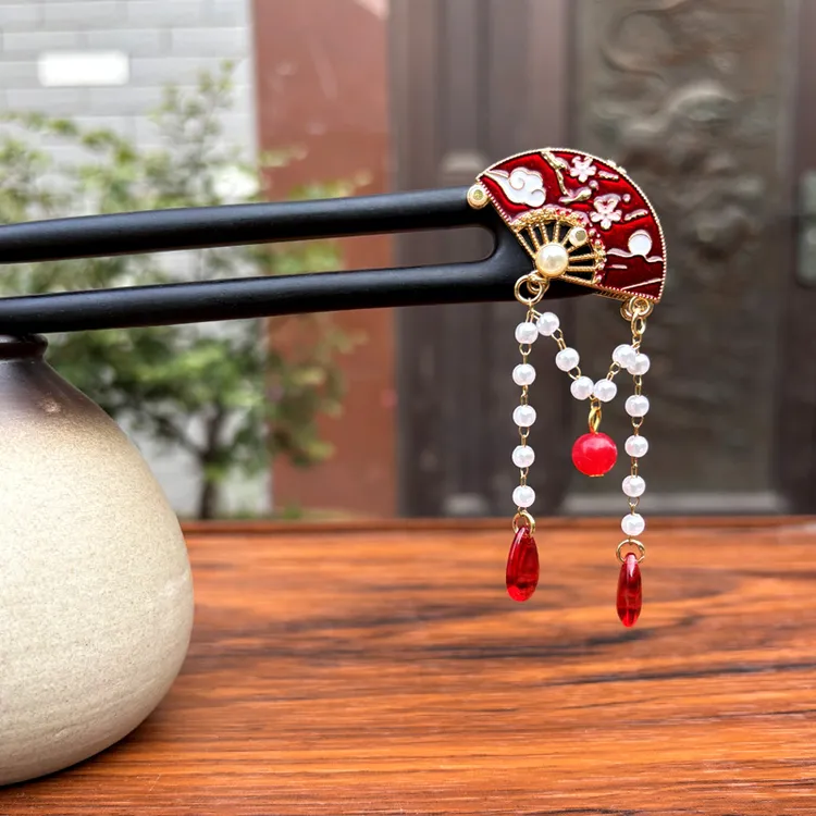 黑檀木发簪15cm双面【梅花扇】古风国风发簪新中式盘发汉服旗袍配饰