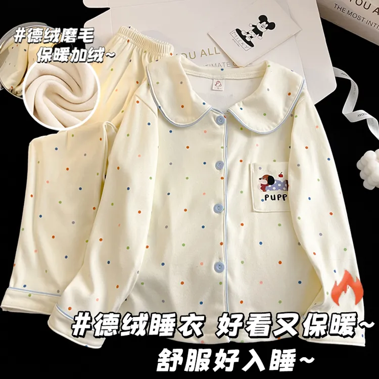 秋冬季德绒保暖儿童睡衣女冬款长袖女童加绒加厚小女孩家居服套装